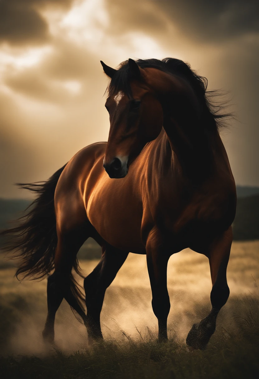 (best quality,4k,8k,highres,masterpiece:1.2), ultra-detailed, (realistic,photorealistic,photo-realistic:1.37), HDR, UHD, studio lighting, extreme detail description, professional, vivid colors, bokeh, oil painting, dark and dramatic style, stormy atmosphere, intense lighting, inviting gesture, immersive experience, dynamic composition, high contrast, powerful brushstrokes, flowing mane, wet ground, turbulent sky, lightning bolts, roaring thunder, rain-soaked field, misty horizon, wind-swept grass, dramatic perspective, awe-inspiring, powerful emotions, thrilling adventure, inviting journey, thrilling narrative, epic storytelling, captivating scene, captivating the audience, extending right hand forward