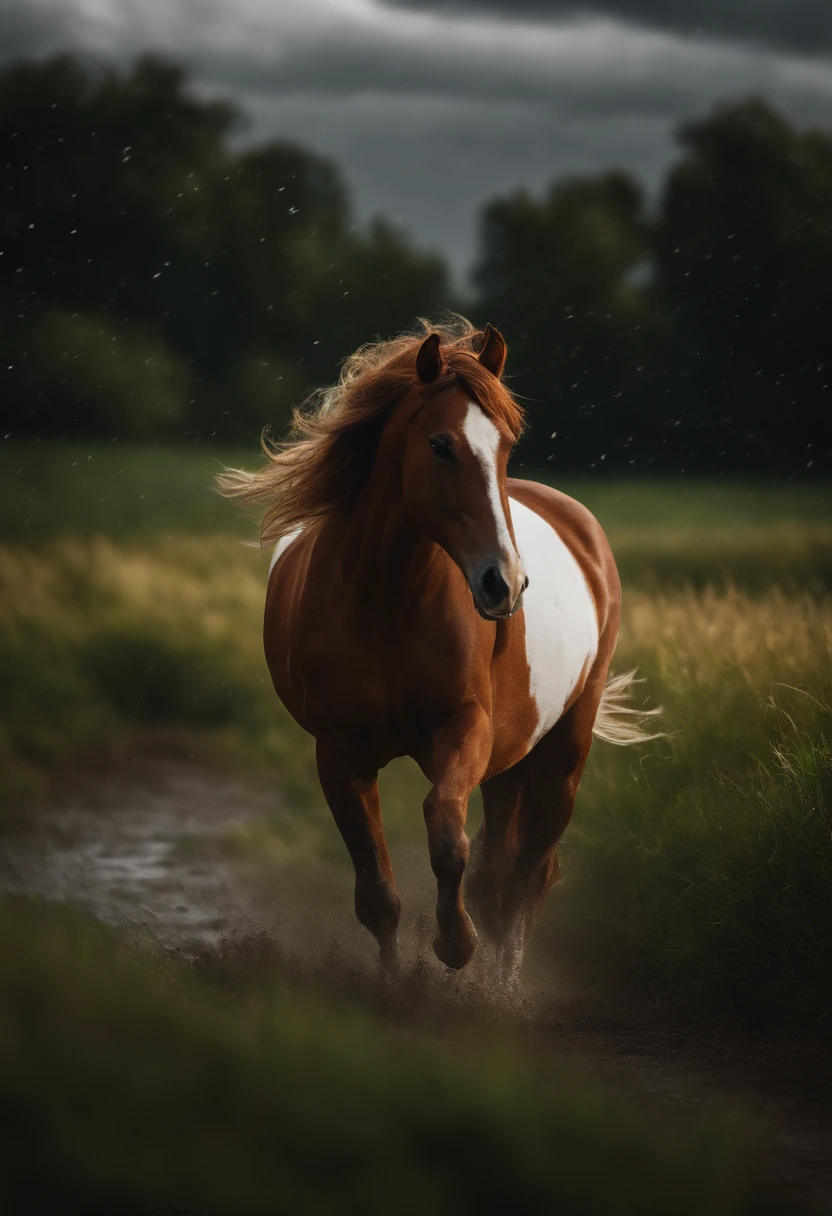 (best quality,4k,8k,highres,masterpiece:1.2), ultra-detailed, (realistic,photorealistic,photo-realistic:1.37), HDR, UHD, studio lighting, extreme detail description, professional, vivid colors, bokeh, oil painting, dark and dramatic style, stormy atmosphere, intense lighting, inviting gesture, immersive experience, dynamic composition, high contrast, powerful brushstrokes, flowing mane, wet ground, turbulent sky, lightning bolts, roaring thunder, rain-soaked field, misty horizon, wind-swept grass, dramatic perspective, awe-inspiring, powerful emotions, thrilling adventure, inviting journey, thrilling narrative, epic storytelling, captivating scene, captivating the audience, extending right hand forward