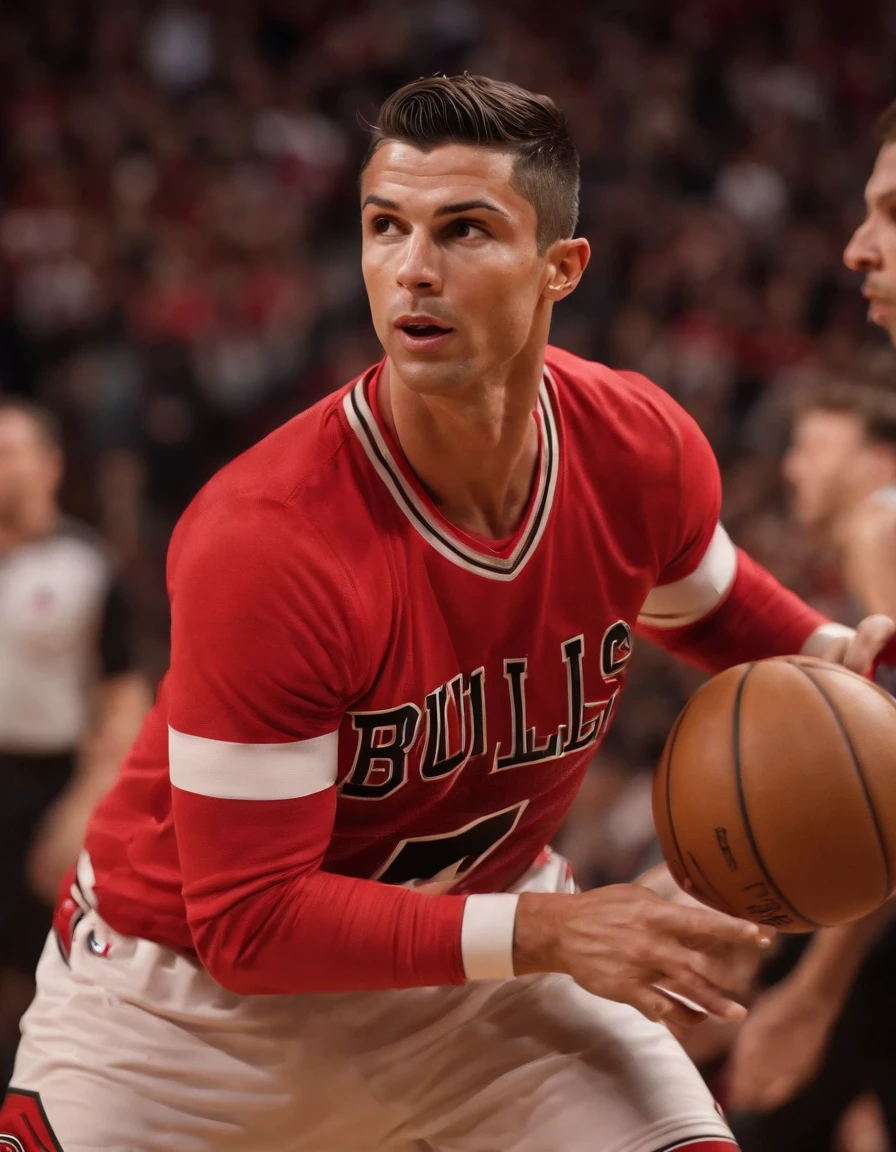 Cristiano Ronaldo jogando basquete vestindo uniforme do Chicago Bulls