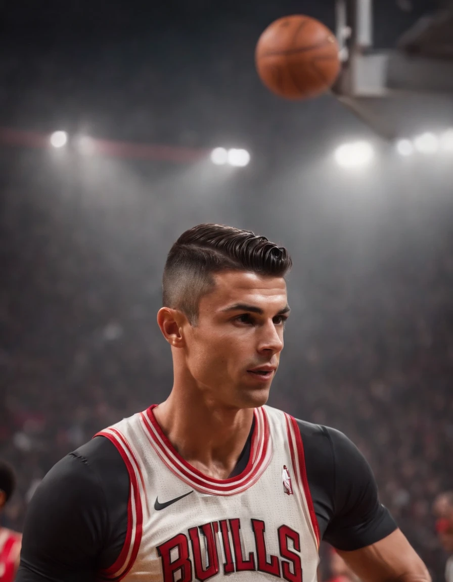 Cristiano Ronaldo jogando basquete vestindo uniforme do Chicago Bulls