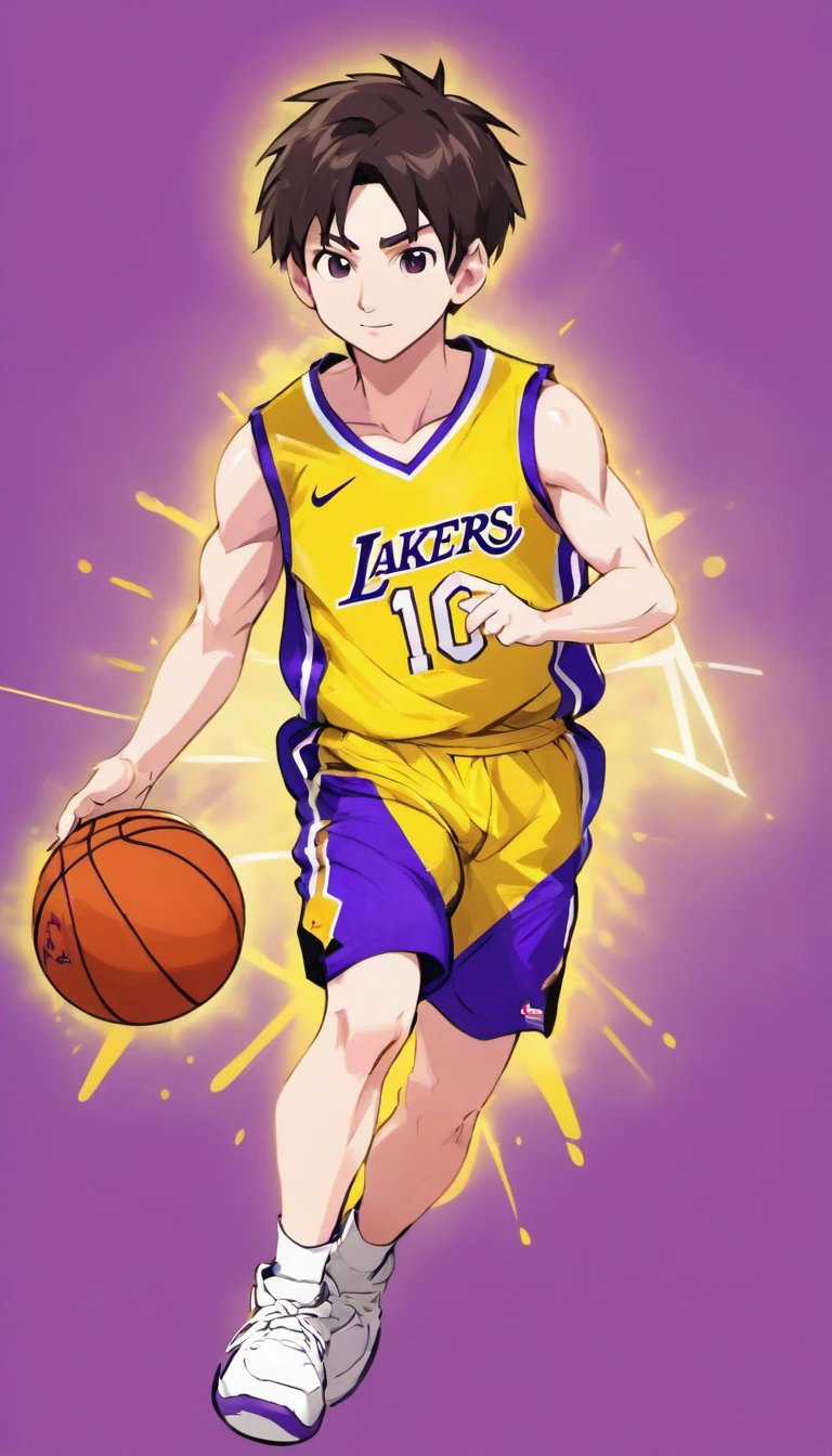 Lionel Messi jogando basquete vestindo uniforme do Los Angeles lakers