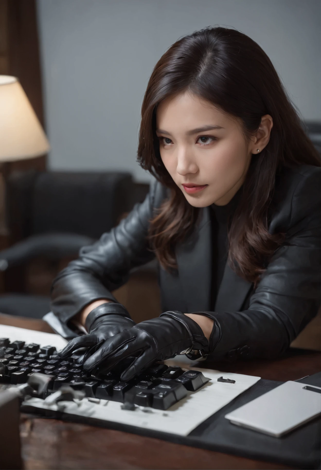 Wearing black leather gloves in both hands, upper body, black business suit, facing the desk in my room with a computer in the dark, tapping the keys of the computer keyboard with the fingertips of black leather gloves while looking at the screen, black hair bundled in the back for a long time, Japanese female new employee (black leather gloves cover both hands) (angle is in the front)