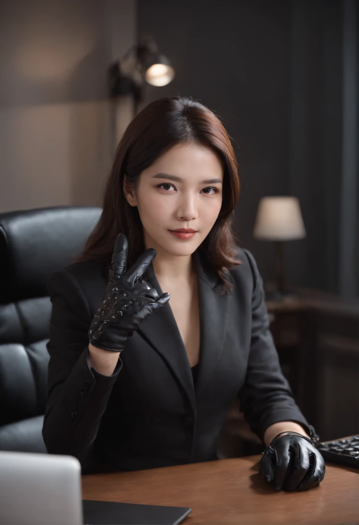 Wearing black leather gloves in both hands, upper body, black business suit, facing the desk in my room with a computer in the dark, tapping the keys of the computer keyboard with the fingertips of black leather gloves while looking at the screen, black hair bundled in the back for a long time, Japanese female new employee (black leather gloves cover both hands) (angle is in the front)