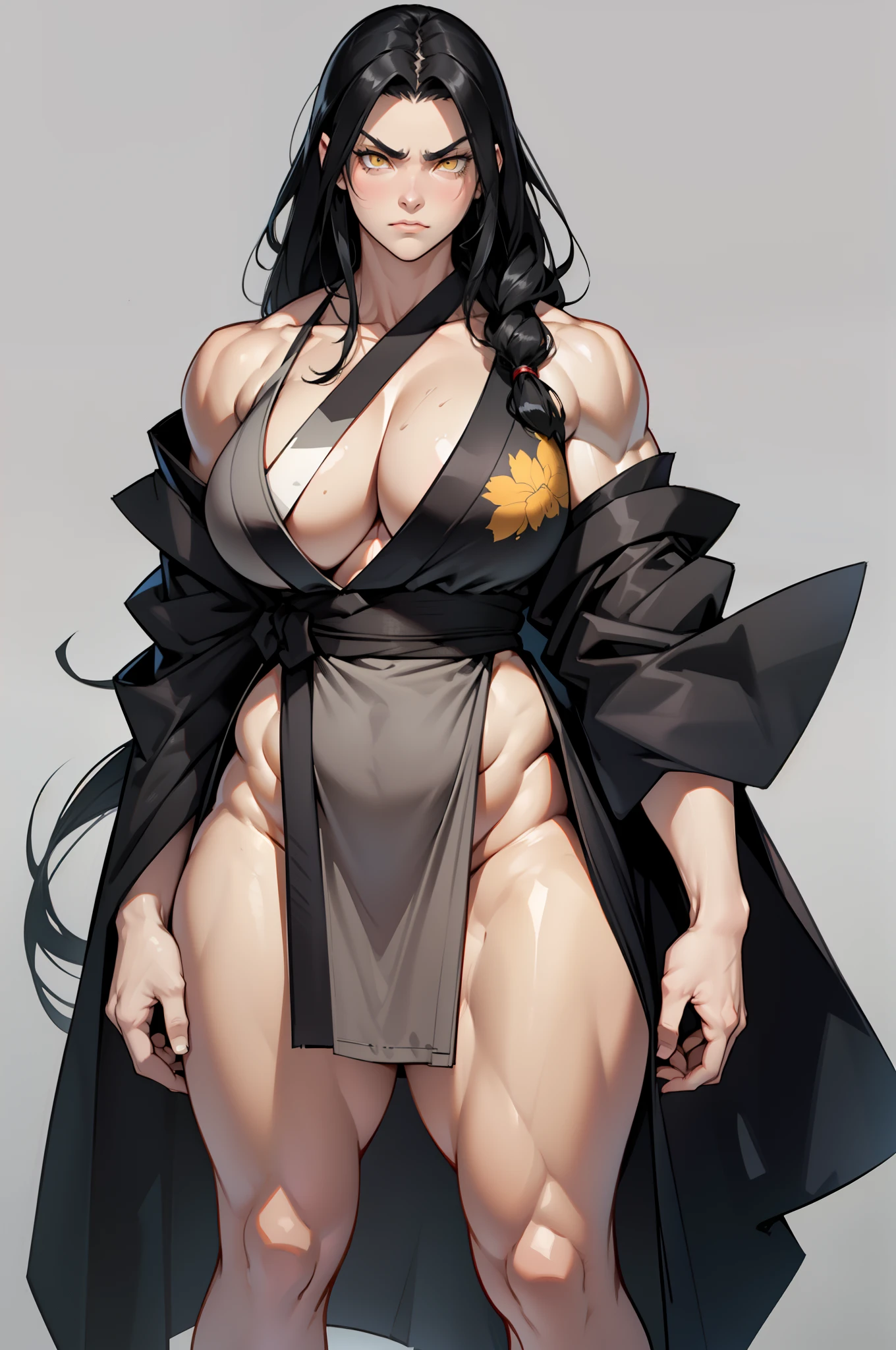 ((grey background)), solo, ((((1 girl)))), very long hair, black hair, angry, yellow eyes, (((((muscular))))), (huge tits), (thick thighs), (wide hips), pale skin, standing, slick hair, (kimono)