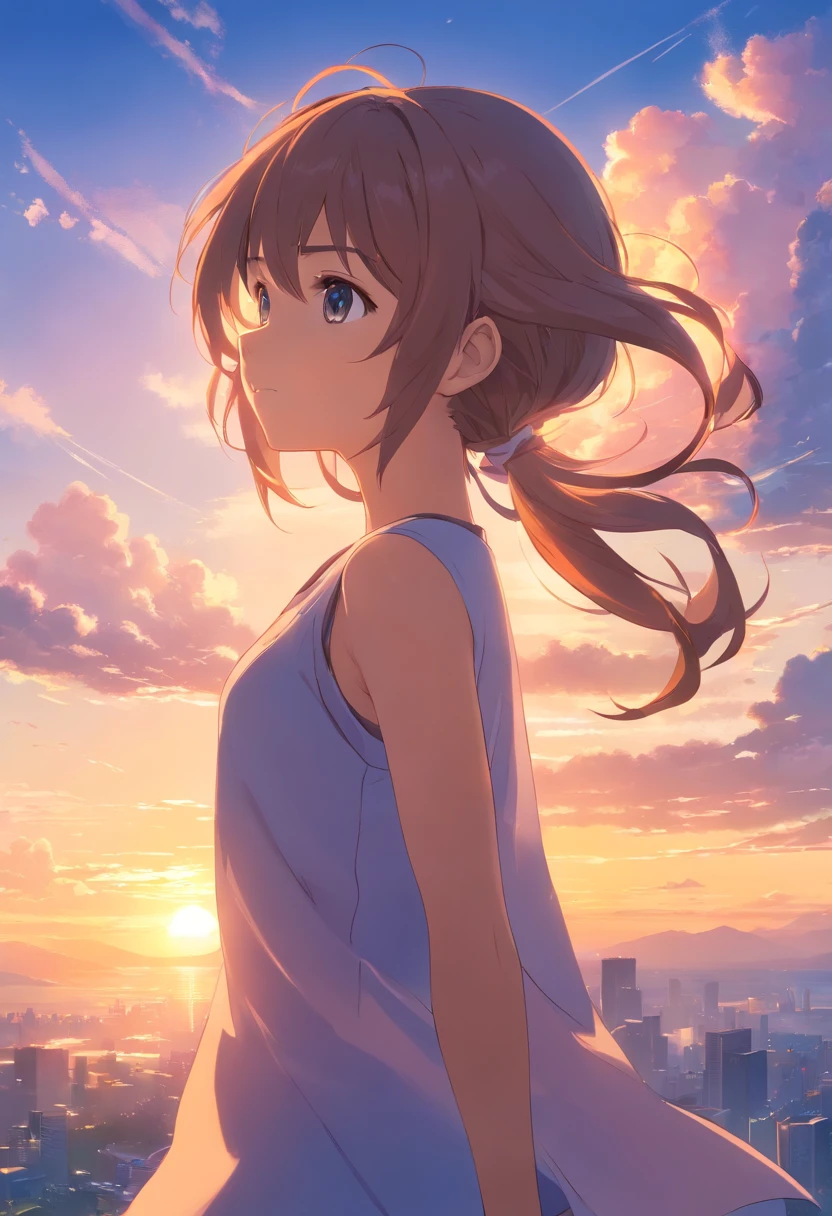 masterpiece、top-quality、Movie stills、1girl、Cloud Girl、floating in sky、a closeup、发光、happiness、Warm soft lighting、the setting sun、(Spark:0.7)校服、poneyTail
