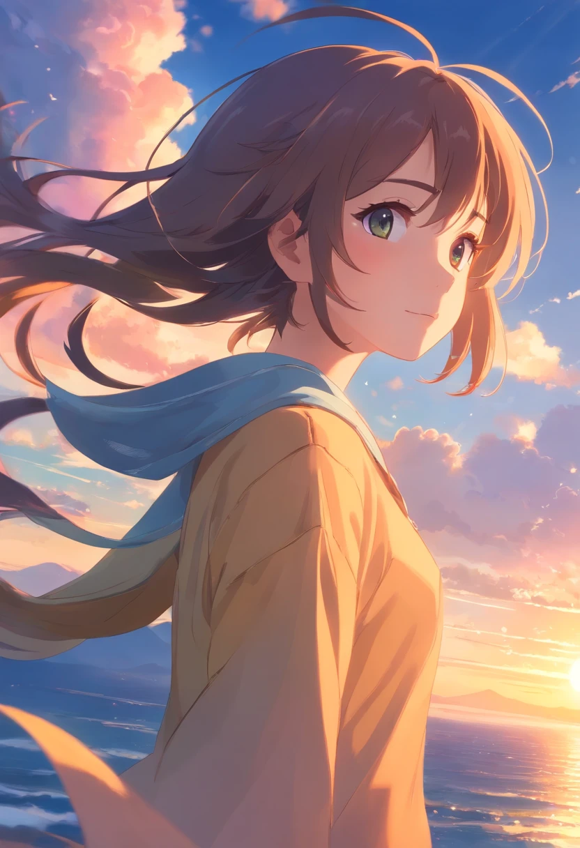 masterpiece、top-quality、Movie stills、1girl、Cloud Girl、floating in sky、a closeup、发光、happiness、Warm soft lighting、the setting sun、(Spark:0.7)校服、poneyTail