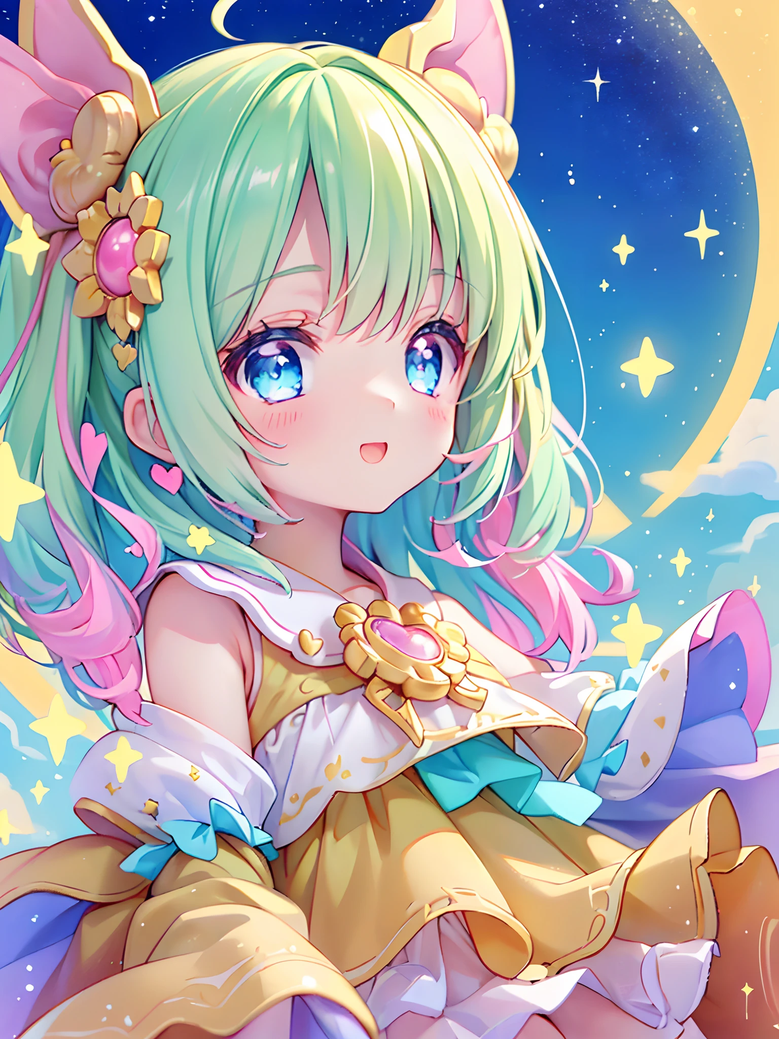 masterpiece++, best quality+++, ultra-detailed++, extremely detailed+, cute+, kawaii++, ilustration, a child girl, solo, (hearts)+++, (focus background)+++, (deep background)+++, (beautiful sky)+, (full moon), (sunshine), (sunrise), (starry sky), (kawaiitech)+++, (cute)+, (magic girl)+++, (warrior)++, (beautiful pastel hair)+++, (sun), (beautiful night sky)+. (beautiful eyes)+++, (complex eyes)+++, (happy expression), (idol), (gold sun), light smile, cinematic, cinematic light, light effect,