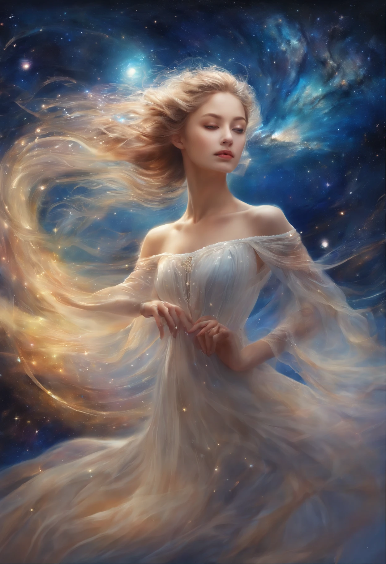 landscape, Queen in dress made of white veil on starry night、Looking diagonally up, Galaxy on top, Vortex of Light, whirlpool,8K, Realistic image quality,Star spiral, rune, Fine-grained skin, Beautiful woman,long hair with gray hair, Hair flutters,beautiful a girl,Dragging her extraordinarily long hem、Crossing the earth below. While she walks, Starry night falls on her path. Starry Night Fantasy. Perfect beautiful face, Perfect hands, Fantasy Art, landscape, top-quality,super-fine,Photographic realism,