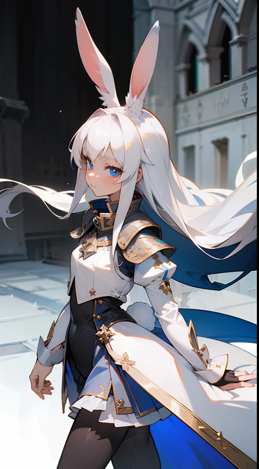 1rabbit girl,(small),solo,white hair,Long rabbit ear,blue eyes,long hair,templar silver knight outfit,knight,masterpiece,best face,detailed face,innocent face,walking in castle,neutral face,black pantyhose