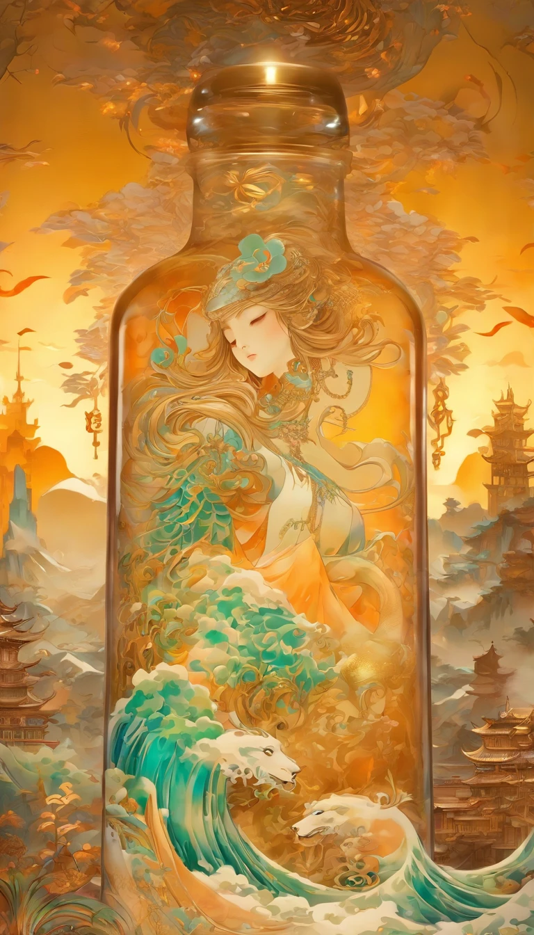 Colorful steampunk transparent landscape embroidery color ink pattern porcelain bottle front panoramic body view,The style of Jingdezhen porcelain,The bottles are embossed and carved into colorful mechanical parts,The main body is made of gold wire windings,Colorful glazes, Photography。Real light and shadow,refractions,Reflection,High light transmittance,lightand shade contrast, High contrast,Extremely dispersed,intricately details,8K rendering,Art Station and Pixiv trends. Epic picture, the wallpaper,Filmquality,Intricate and deep details,Strong sense of three-dimensionality. Created by Giger, Artgerm and Greg Rutkowski, Alphonse Mucha, CGSesociety.