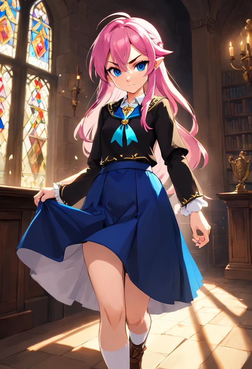 (hight resolution, Best Quality:1.2), brilliance, soft contour, a beautiful painting, Cowboy Shot, (masutepiece), 1girl in, Beautiful Girl, Hogwarts Background, Background of the magical world, Background inside the mansion, Shadow Window, Hogwarts Background, Black background, hogwarts school uniform, hogsks, Ravenclaw, Pink hair in a ponytail, Blue eyes, Angry look, School Dress, Long skirt, Blue tie, cool lady