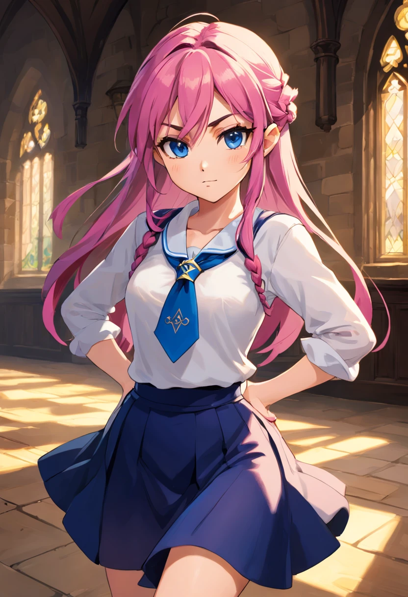 (hight resolution, Best Quality:1.2), brilliance, soft contour, a beautiful painting, Cowboy Shot, (masutepiece), 1girl in, Beautiful Girl, Hogwarts Background, Background of the magical world, Background inside the mansion, Shadow Window, Hogwarts Background, Black background, hogwarts school uniform, hogsks, Ravenclaw, Pink hair in a ponytail, Blue eyes, Angry look, School Dress, Long skirt, Blue tie, cool lady