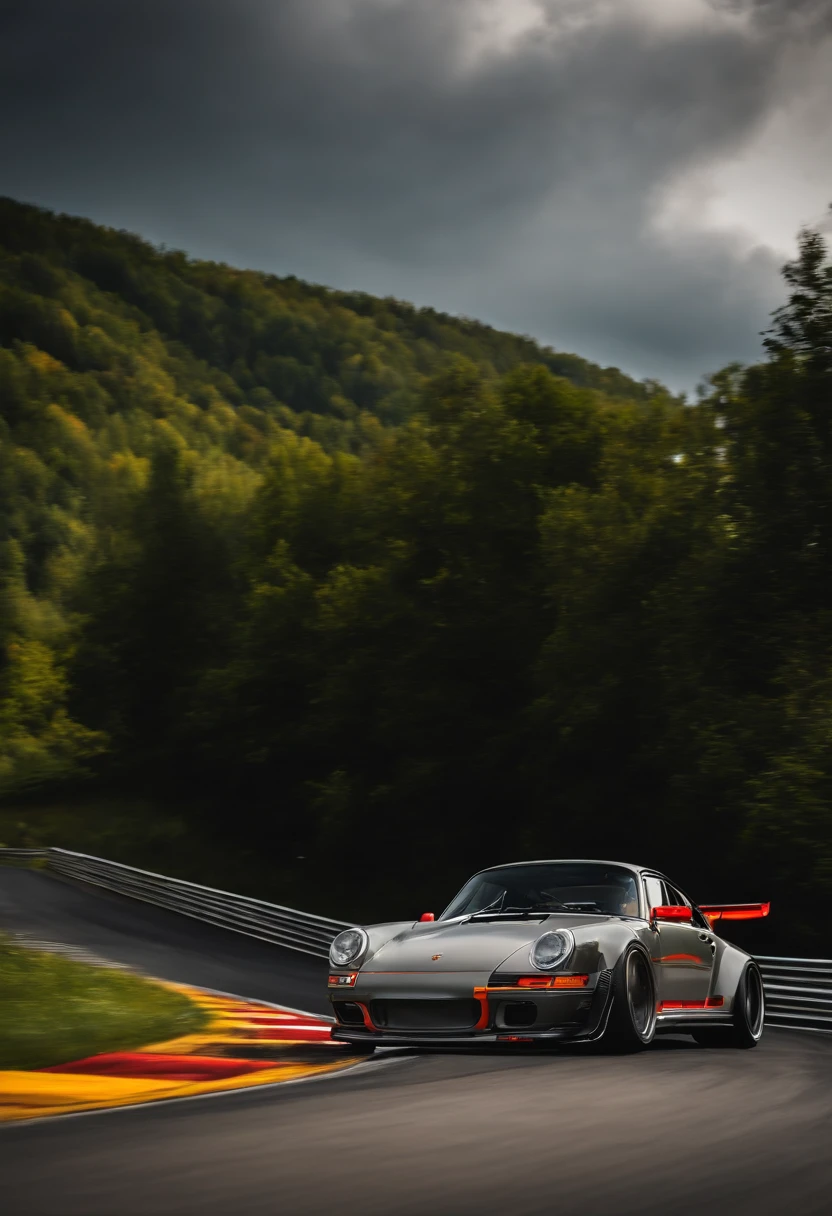 disegna una porsche 911 al nordschleife mentre fa un salto