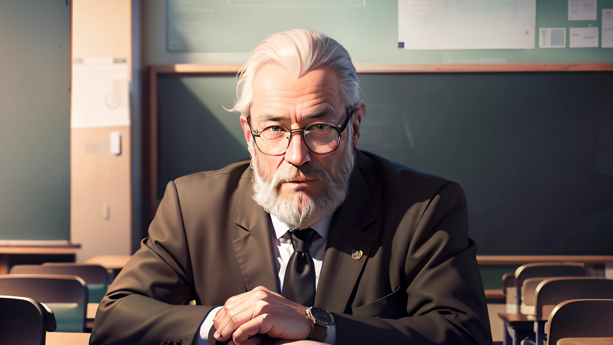 Drawing, Ultra photo realsisim, 8K, Extremely detailed, in the best quality, A man, looking 50 years old, Teacher, with beard, and glasses, In a classroom, talking to students.