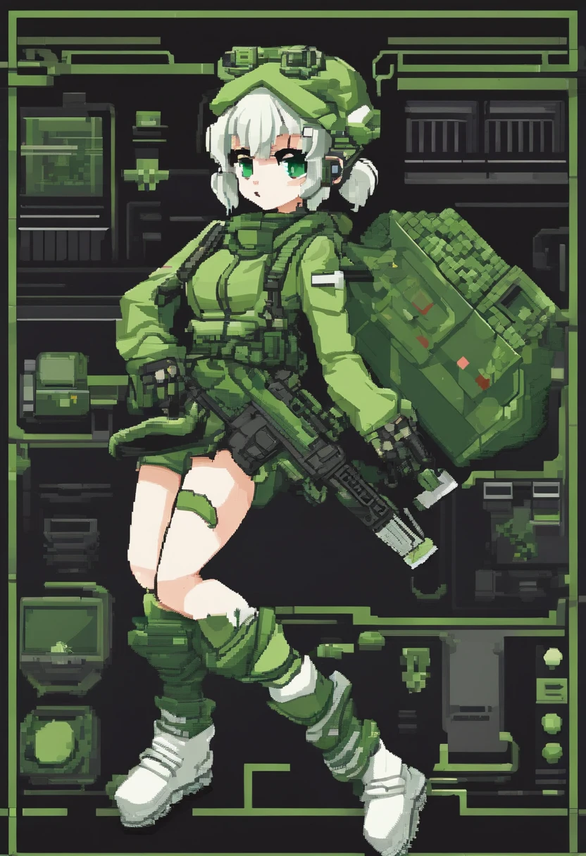 anime girl military gear bright green and white