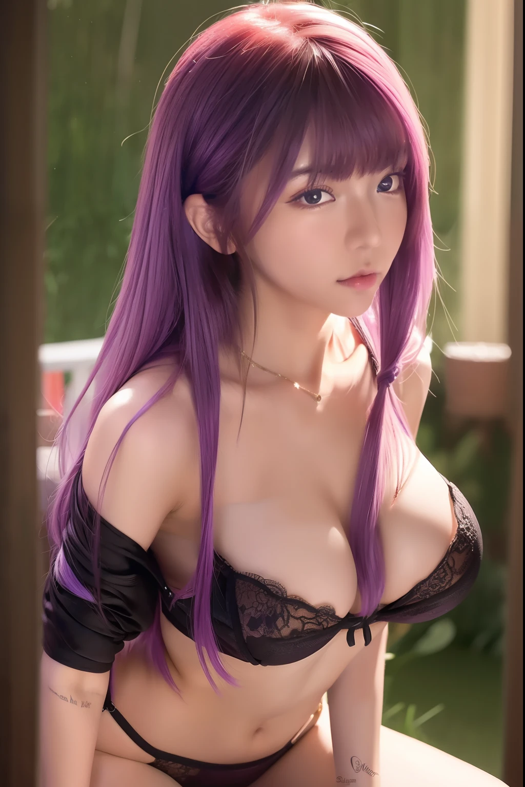 (Sexy)), 1girl alone, long hair, black bikini, looking at  camera, beautiful eyes, purple hair