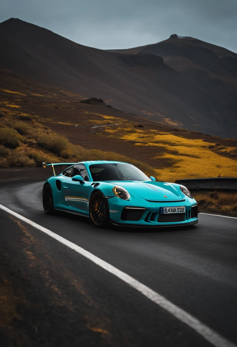 disegna una porsche gt3 992 all'Etna, con un paesaggio vulcanico dietro