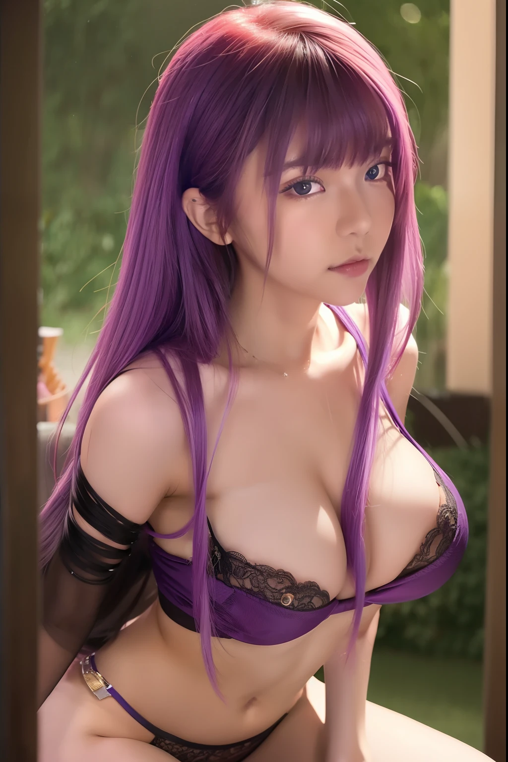 (Sexy)), 1girl alone, long hair, black bikini, looking at camera, beautiful eyes, purple hair