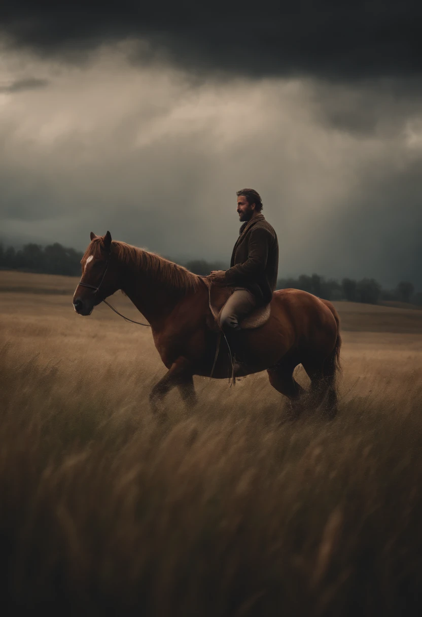 a man with a horse walking across a field in the middle of a storm and inviting the audience in the painting to join him, extending his right hand forward