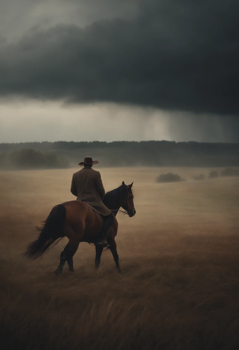 a man with a horse walking across a field in the middle of a storm and inviting the audience in the painting to join him, extending his right hand forward