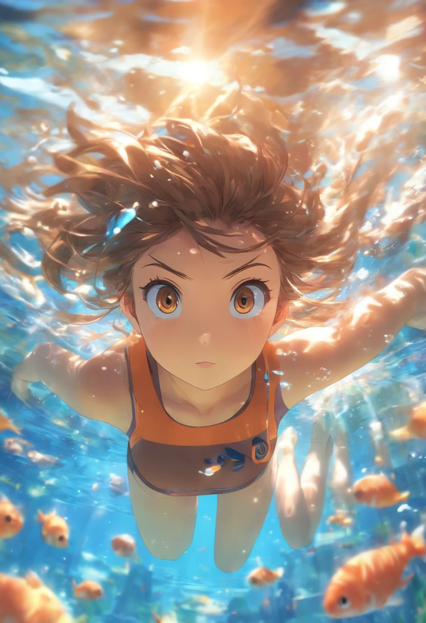 foreshortening, depth of field, masterpiece, best quality, 1girl, brown hair, brown eyes, long hair, underwater, air bubble, solo, looking at viewer, school swimsuit, swimming, dappled sunlight,