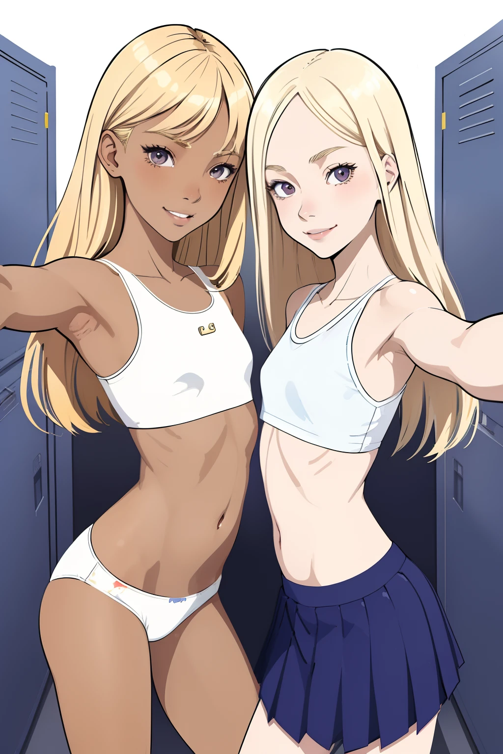 (superflat, flat shading, flat colors:1.1), locker room, 2girls, young teen, schoolgirl, slim, small breast, blonde hair, (tanned skin:0.5), pale skin, white crop top, (white panties), smile, selfie, locker room, bright sunlight, best shadows, watercolor,