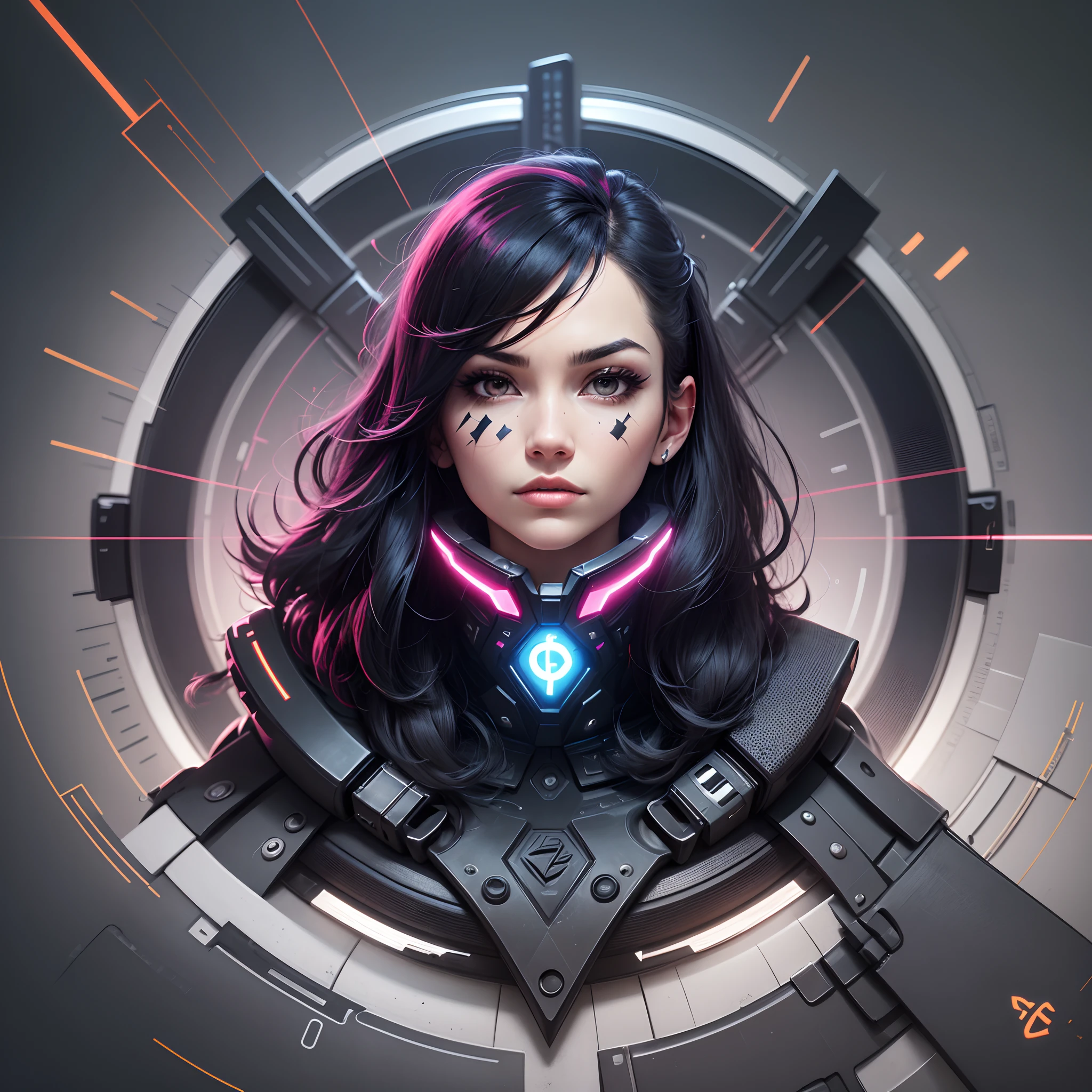 a sleek and minimalist face symbol logo for 'Cypher' in Valorant. The symbol should be abstract, representing Cypher's enigmatic persona. Utilize clean lines and sharp angles to create a sense of precision. Incorporate elements like a stylized eye or a mask to allude to Cypher's surveillance abilities. Opt for a color scheme that includes deep blacks and vibrant neon accents, giving the logo a modern and high-tech feel. Keep the design simple yet impactful, ensuring it reflects the character's identity as a master of espionage, intricate, symmetrical. --auto --s2
