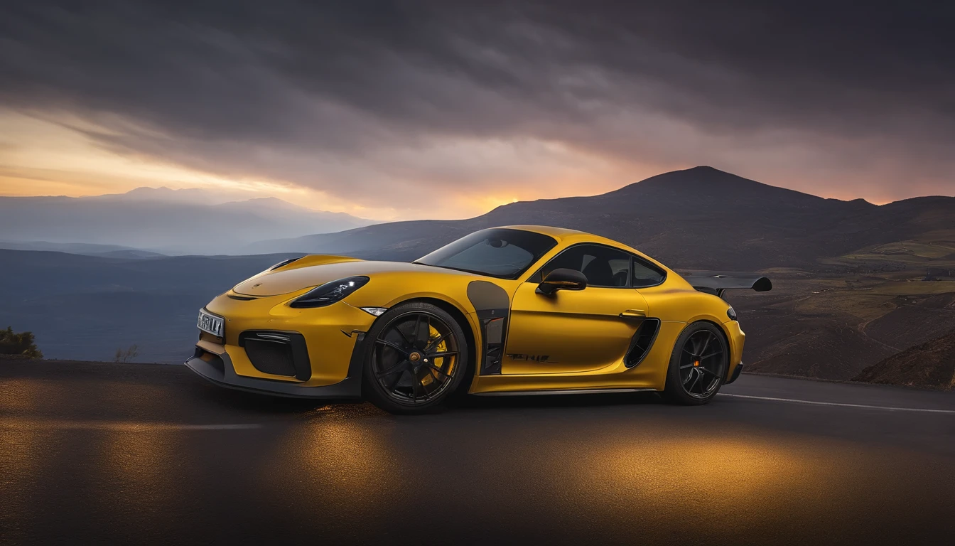 disegna una porsche cayman gt4 all'Etna, con un paesaggio vulcanico sullo sfondo, al tramonto