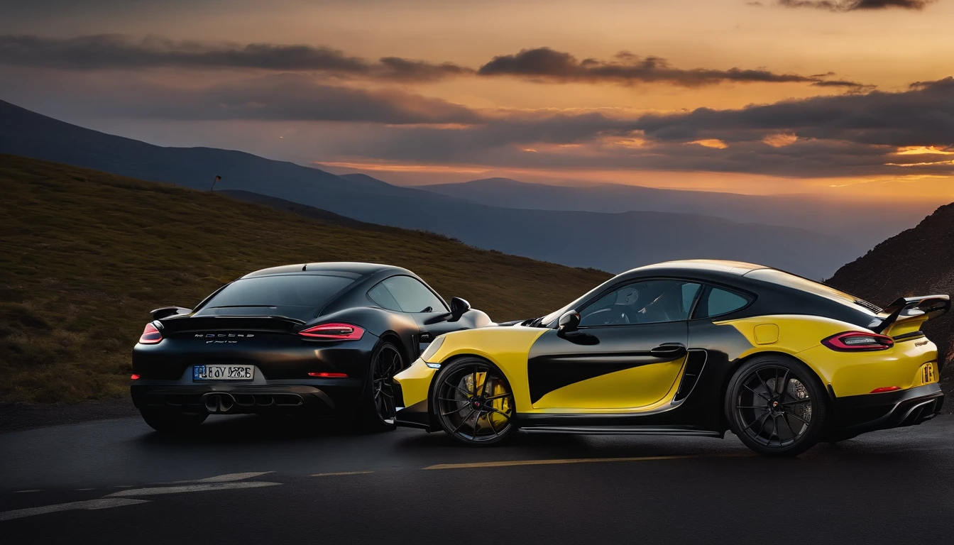 disegna una porsche cayman gt4 all'Etna, con un paesaggio vulcanico sullo sfondo, al tramonto
