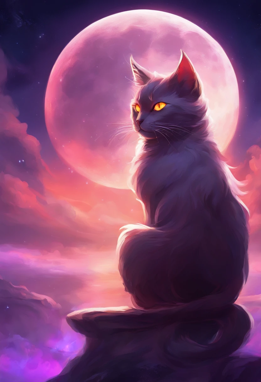 a close up of a cat sitting in the clouds with a full moon in the background, the dark god of cats, demon cat, purple cat, phone wallpaper hd, cat from the void, hd phone wallpaper, awesome cat, amazing wallpaper, with red glowing eyes, black cat, mobile wallpaper, hq 4k phone wallpaper, with glowing red eyes, vampire cat