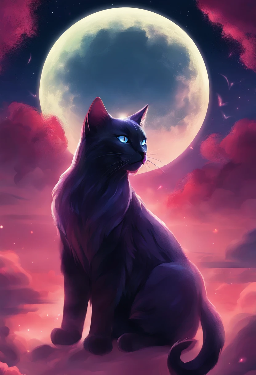 a close up of a cat sitting in the clouds with a full moon in the background, the dark god of cats, demon cat, purple cat, phone wallpaper hd, cat from the void, hd phone wallpaper, awesome cat, amazing wallpaper, with red glowing eyes, black cat, mobile wallpaper, hq 4k phone wallpaper, with glowing red eyes, vampire cat