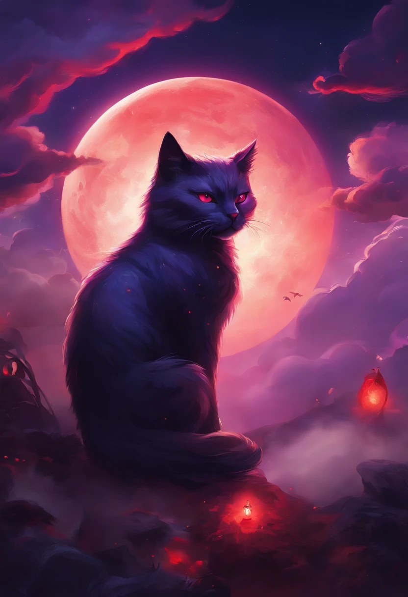 a close up of a cat sitting in the clouds with a full moon in the background, the dark god of cats, demon cat, purple cat, phone wallpaper hd, cat from the void, hd phone wallpaper, awesome cat, amazing wallpaper, with red glowing eyes, black cat, mobile wallpaper, hq 4k phone wallpaper, with glowing red eyes, vampire cat