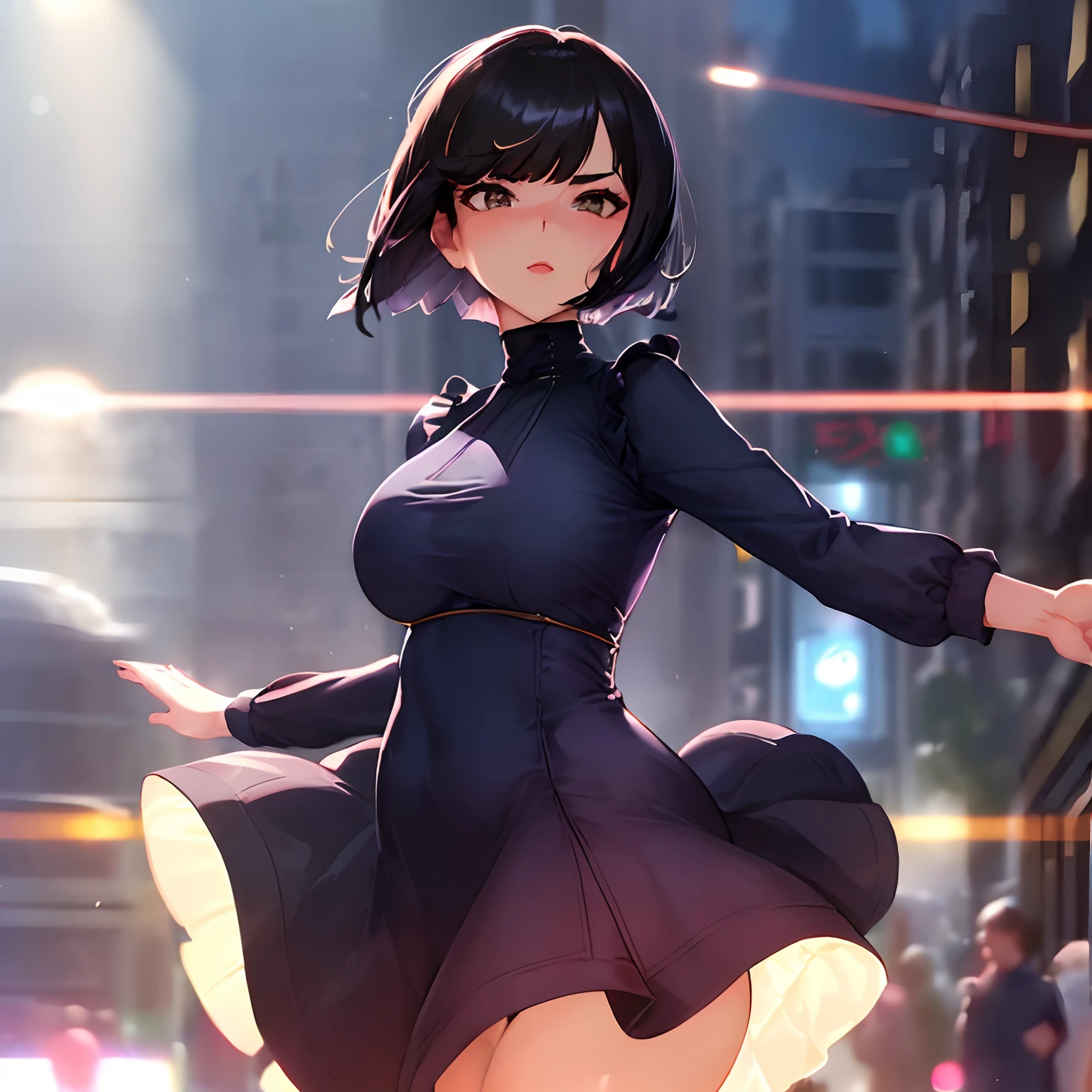 best quality, 1girl, (skindentation), (huge breast:1.2), (blur background:0.6), (street:1.2), (people, crowds:1), garden, day, outdoor, (casual yet stylish, elegant cloth, high neck dress:1.5), gorgeous, (bangs, short hair:1.5), (floating hair:1.2), (dynamic pose:1.2), soft lighting, wind, (front light:1.5), makeup, big ass