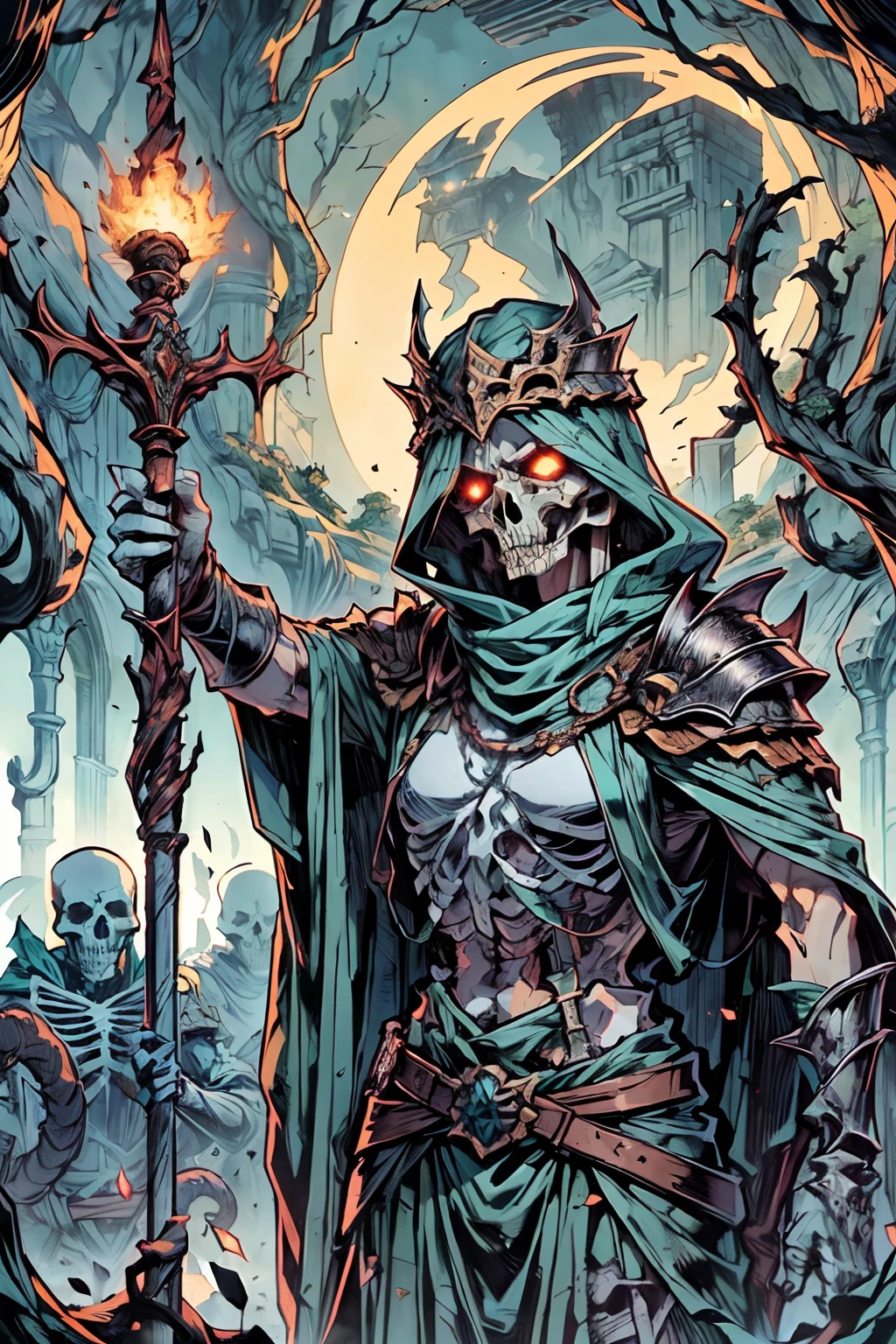 A melhor qualidade de imagem, master part, super high resolution, 
quebrar 
"Imagine uma cena de lich arrepiante, Standing atop an ancient tomb, envolto no brilho sinistro da lua cheia. He is dressed in a dilapidated robe, Enferrujado de vez em quando e desgastado em batalhas, with a skull-shaped staff, que brilha sinistramente ao luar. BREAK In One Hand, The warrior holds the staff angrily while the other hand is outstretched, como se te aproximasse. Tomb under richly decorated figure, with intricate sculptures of snakes and skulls, Gravado em pedra. The air is thick with the smell of decay and ancient magic, It was as if the tomb itself had come to life with a dark force. Os olhos do guerreiro esqueleto brilham com uma luz sobrenatural, and you can almost feel the weight of his gaze on you. INTERVALO Em segundo plano, a silhueta de uma floresta assombrada se aproxima, with gnarled trees and gnarled branches, reaching for the sky, Like skeletal fingers. The tomb itself is located on a cliff overlooking the rough sea, Ondas, batendo contra as rochas muito abaixo. This image captures the essence of dark fantasy and evokes a sense of foreboding, As if the warrior skeleton were a harbinger of death, Guardando Segredos, buried in an ancient tomb."
