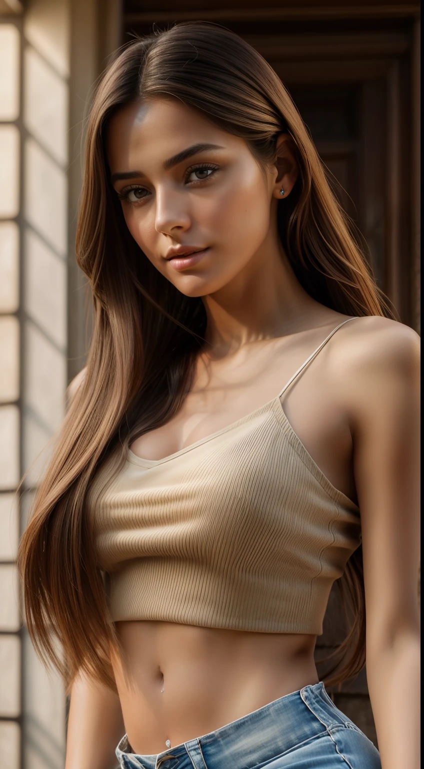 Natural photography of a beautiful girl, wearing a loose crop top, leaning over, long flowing hair, big bust, locks eyes into the camera, symmetrical eyes, symmetrical face, photorealistic, photography, path tracing, specular lighting, volumetric face light, path traced hair, visible shadows, intricate, elaborate
