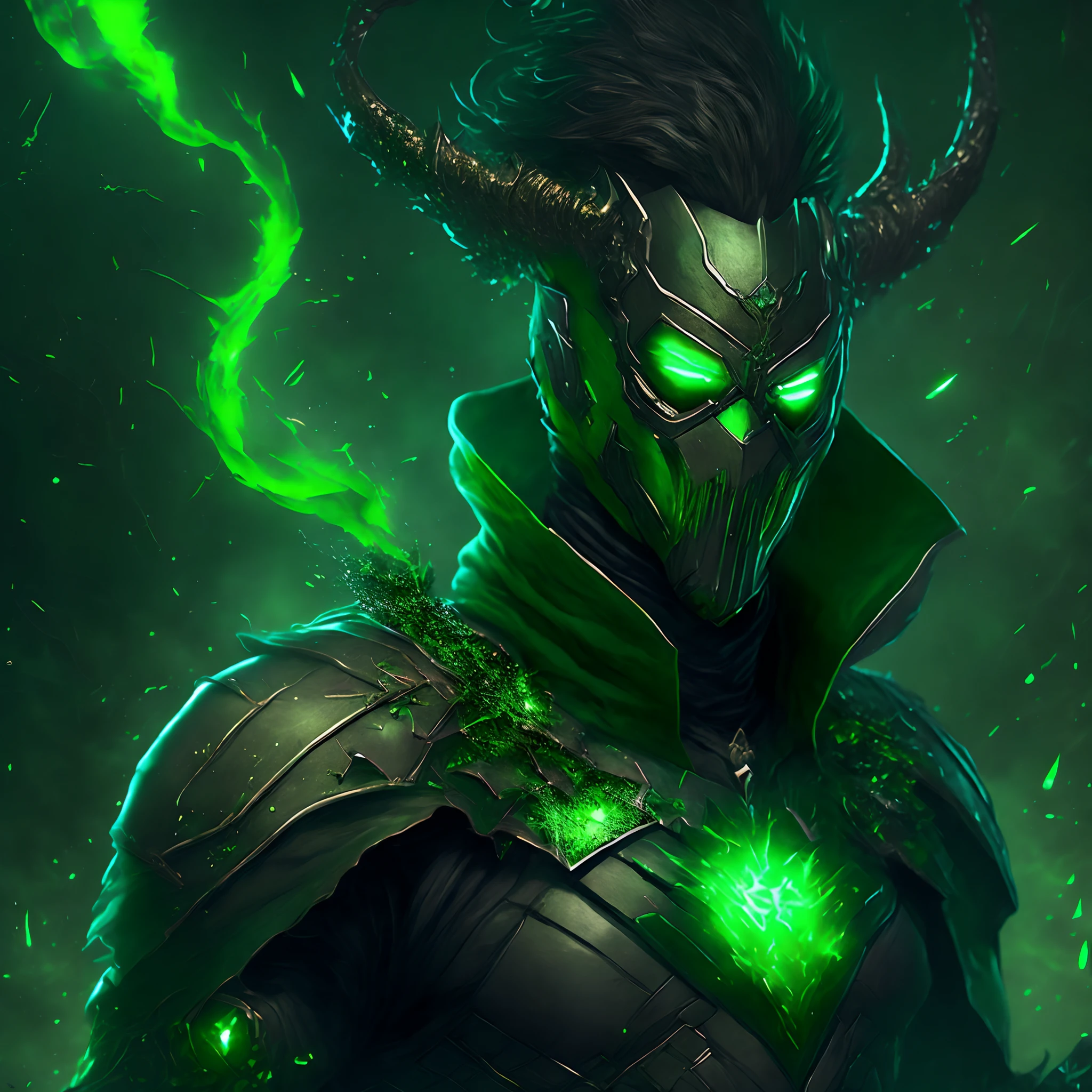 Close-up (Green masked Evil alchemist from Marvel in Goth style: 1.3) emerging from Toxic chemicals, extremely detailed, emerging from Toxic chemicals, sparks, metal shavings, flying debris, volumetric light