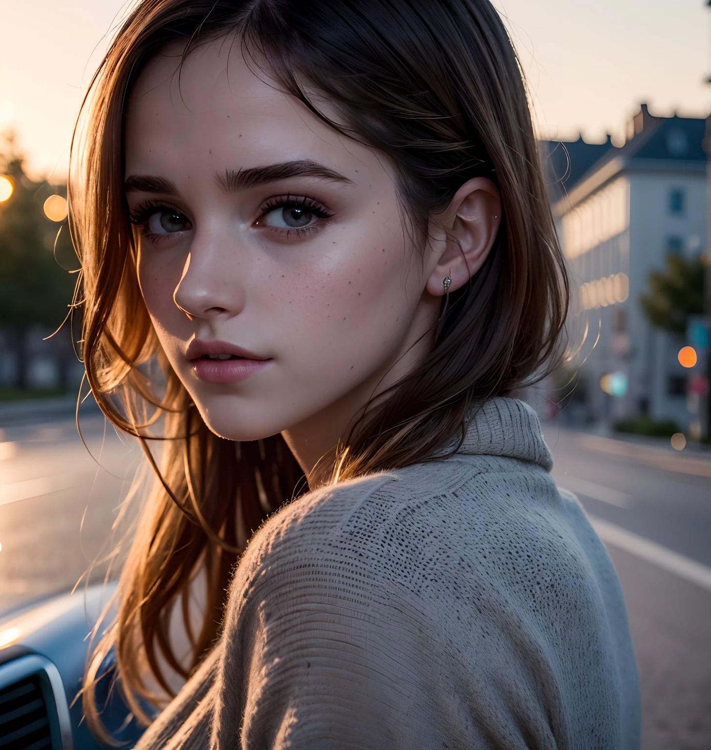 (best quality,4k,8k,highres,masterpiece:1.2),ultra-detailed,(realistic,photorealistic,photo-realistic:1.37),portraits,Emma Watson,beautiful detailed eyes,beautiful detailed lips,(1girl:1.1),naked,parked car,outdoor location,sunset lighting,vivid colors,soft pastel tones
