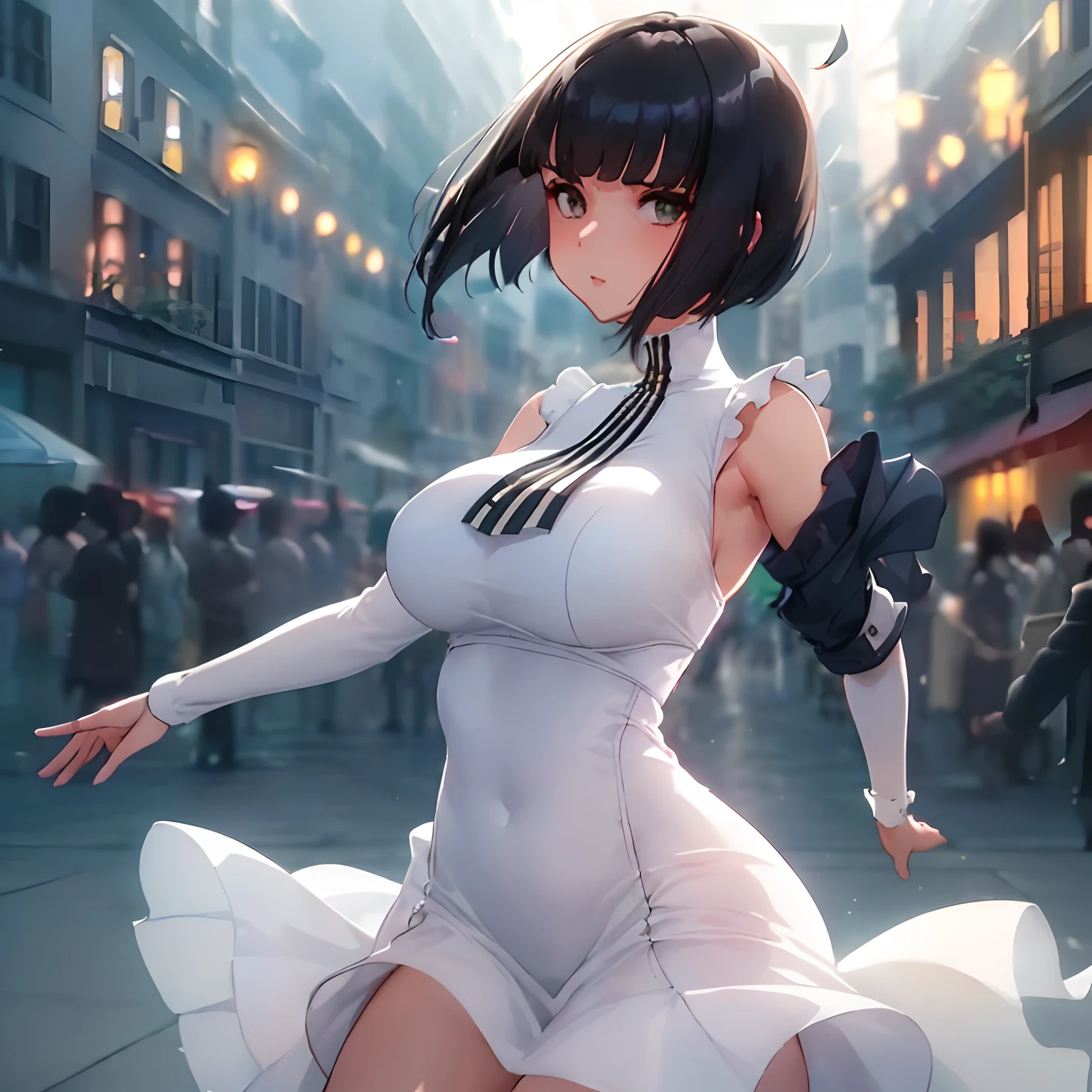 best quality, 1girl, (skindentation), (huge breast:1.2), (blur background:0.6), (street:1.2), (people, crowds:1), garden, day, outdoor, (casual yet stylish, elegant cloth, high neck dress:1.5), gorgeous, (bangs, short hair:1.5), (floating hair:1.2), (dynamic pose:1.2), soft lighting, wind, (front light:1.5), makeup, big ass