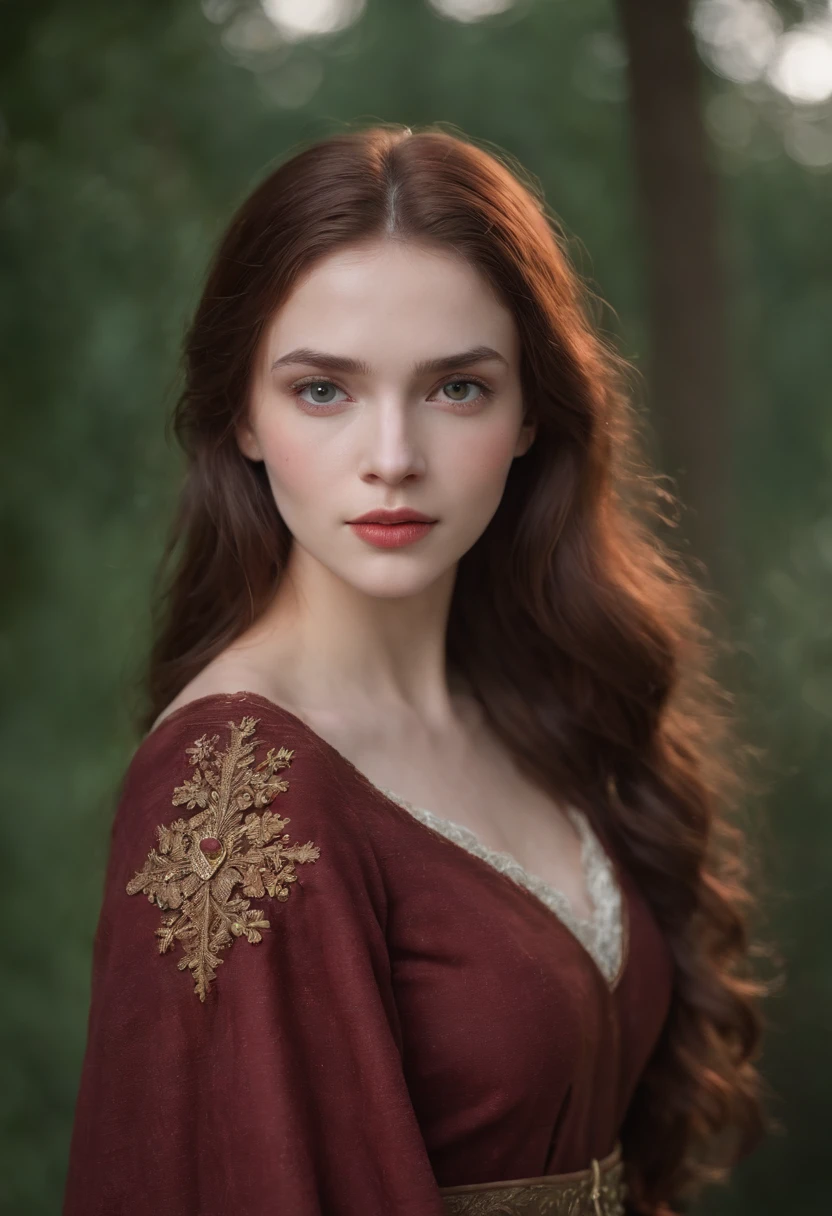 (((a deep reddish wound crosses her left cheek))) fair complexion, woman around 19 years old, natural brown hair, distinctive green eyes, wearing kohl, slender and graceful, beautiful, candlelight in a medieval setting, ultra sharp focus, realistic shot, medieval female clothes, tetradic colors (scar:1.4)