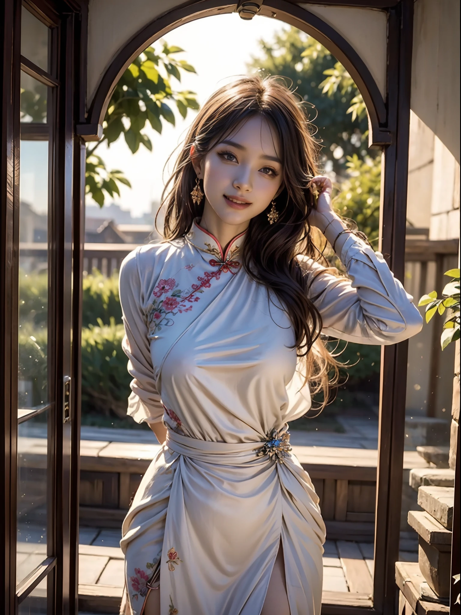 UHD, Masterpiece, High Quality, High Detail, Top Quality, Hi-Res, HD, 16k, 8k, 4K, Award-Winning BREAk, Realism, Depth of Field, Cinematic Lighting, Backlight, Symmetry, Bokeh, f/1.8, Eye Level Shot, 35mm, Hasselblad, Very Delicate and Beautiful, Very Detailed, Amazing, Fine Detail, Masterpiece, Best Quality, Official Art, Absurd, Incredibly ridiculous, Ultra detailed, High Definition, Very detailed, Beautiful detailed girl, ((Cowboy Shot: 1.25)), Break, Hair behind the ears, (Serious smile: 1.35), Very detailed eyes and face, Beautiful detailed eyes, Face light, 18 years old, (Red luxury cheongsam: 1.3), (Fantasy themed clothes: 1.3), Detailed clothes, (black long straight hairstyle: 1.2), detailed hair, (slender: 1.15), perfect anatomy, perfect proportions, (Ancient Chinese city background: 1.25), detailed background, (looking at the viewer, facing the viewer: 1.15), (hands behind head), ((seductive model pose)), (((dynamic pose))), cinematic lighting.