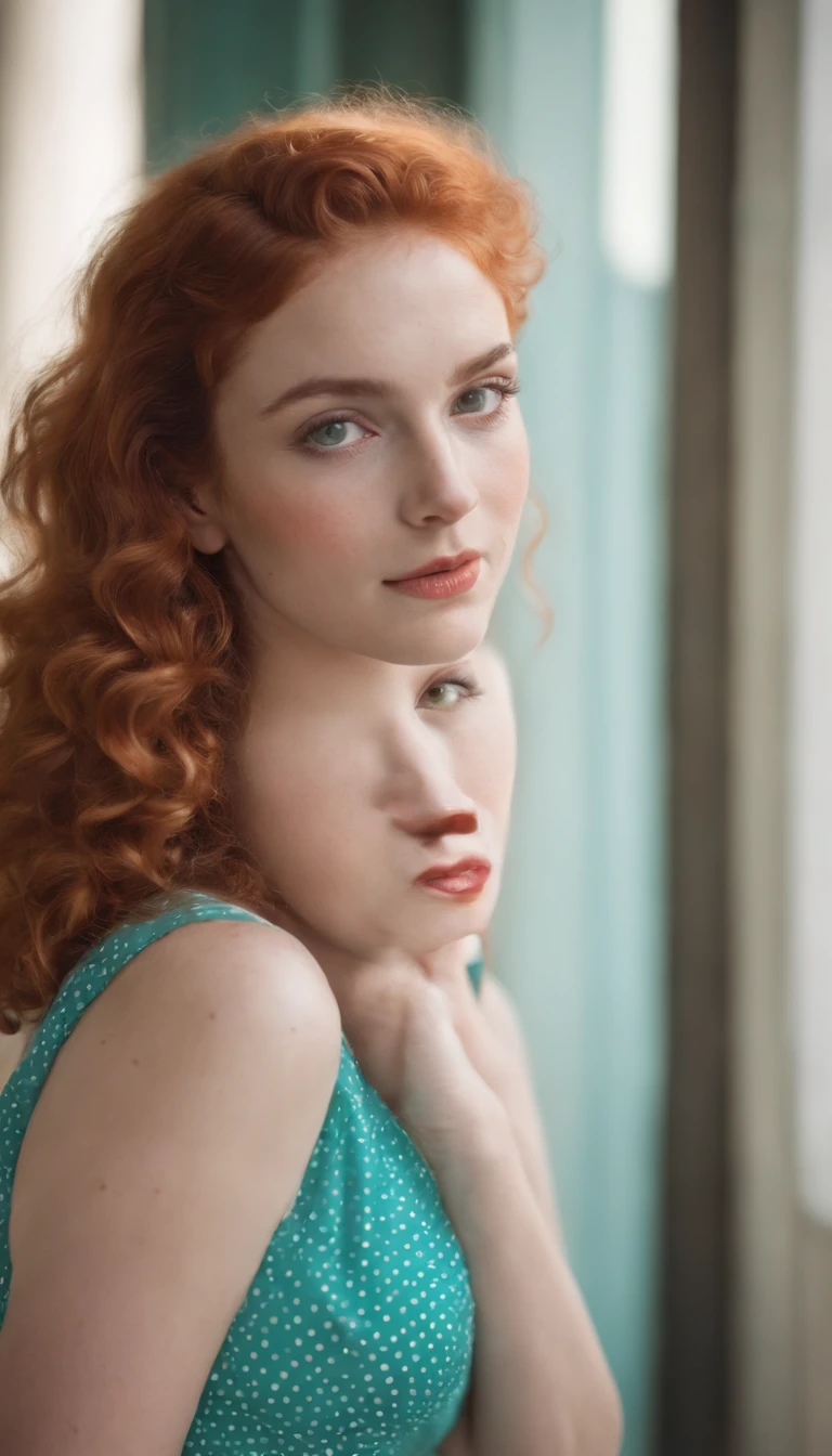 the portrait of a young woman with curly red hair and polka dot skirt, in the style of light orange and turquoise, vibrant color gradients, playful expressions, normcore, vibrant and textured, 1970–present, shiny