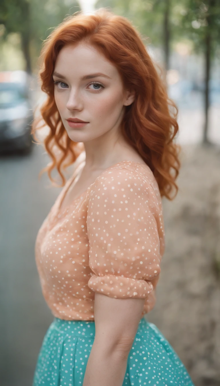the portrait of a young woman with curly red hair and polka dot skirt, in the style of light orange and turquoise, vibrant color gradients, playful expressions, normcore, vibrant and textured, 1970–present, shiny