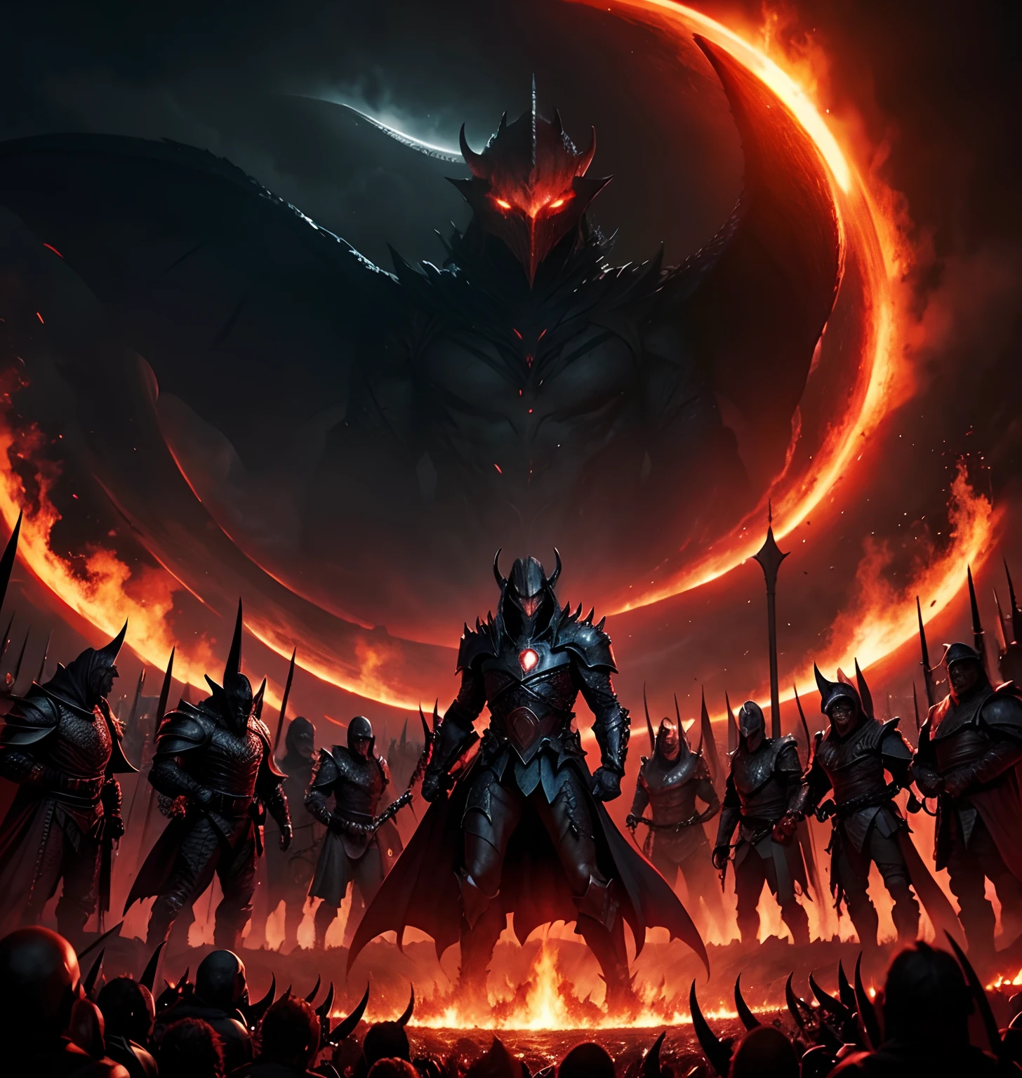 A Photograph capturing the sinister presence of Sauron amidst a scaly horde of orcs as the vibrant red flames reflect off their dark armor.