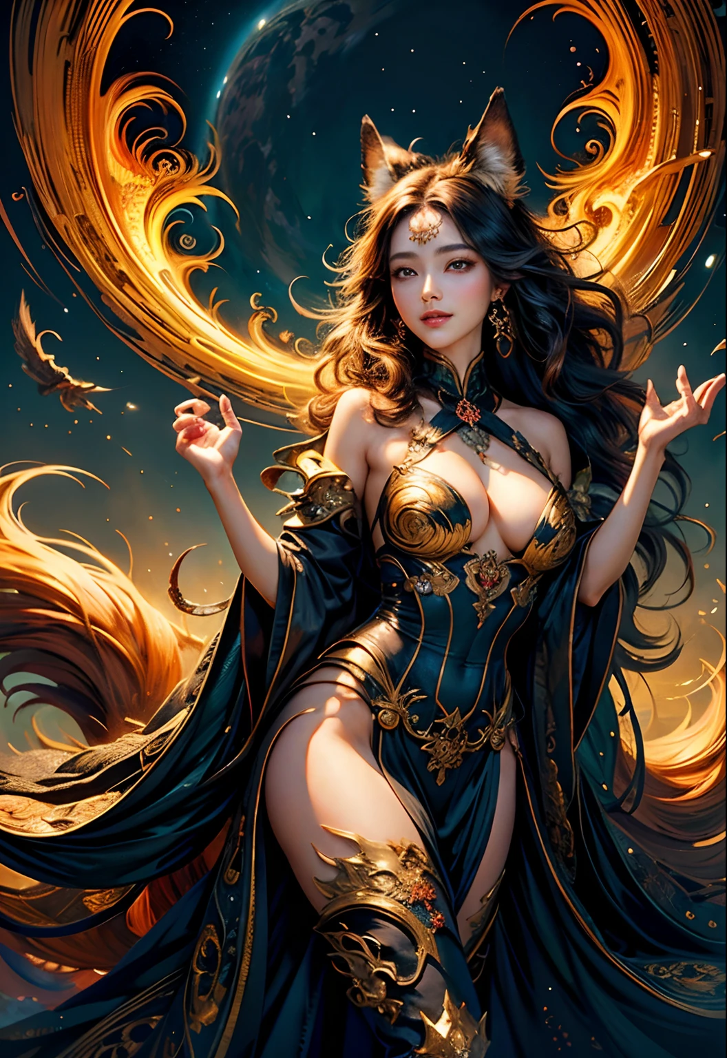 (​masterpiece、top-quality、top-quality、Official art、Beautifully Aesthetic:1.2)、(1girl in)、ighly detailed、(Fractal Art:1.3)、colourfull、highestdetailed　Black Nine Tail Fox　Golden background　Soft smile　breasts are large　Soft expression　A smile　brack　Hair Wave　Facing the front　Hair is spreading