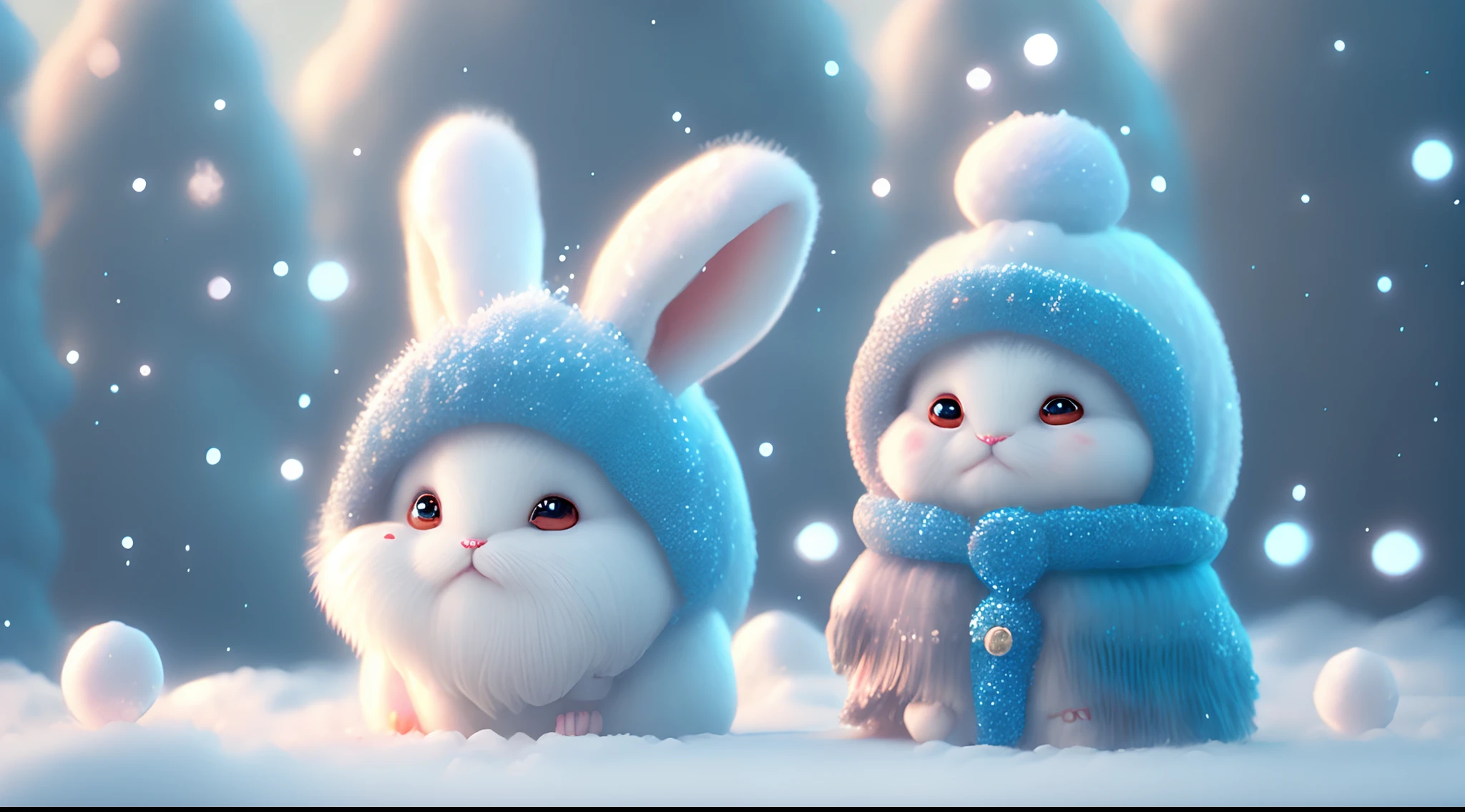 a winter full of regret, drifting snow, a super cute baby pixar style white fairy rabbit, shiny snowwhite fluffy, big bright eyes, fluffy tail, wearing a cyan sweater, wearing cyan a hat, smile,delicate and fine, fairy tales, incredibly high detailed, pixar style, bright color , natural light, simple background with pure color,5 and octane render, trending on artstation, gorgeous,ultra wide angle, 8k,hd realistic, 8k hd,mobile pictures, v 4 q 2 2