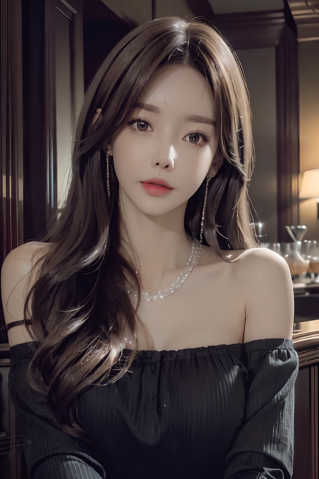 syj_xl,solo,(Ultra Real), (Illustration), (High Resolution), (8K), (Very Detailed), (Best Illustration), (Beautiful and Detailed Eyes), (Best Quality), (Ultra Detailed), (Masterpiece), (Wallpaper), (Detailed Face), Solo, One Girl, Full Body, Staring Viewer, Fine Eyes and Mouth, Detailed Face, Bar Counter, In the Dark, Low Key, pureerosfaceace_v1, Long Hair, dark blonde straight hair, bangs, sexy pose, blushing cheeks, enchanted look, complex off-shoulder clothes, miniskirts, earrings, necklaces,