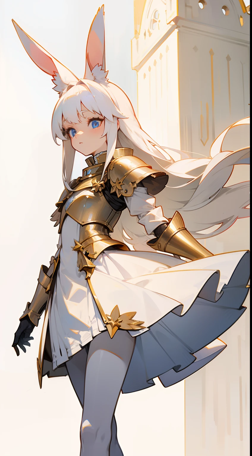 1rabbit girl,(small),solo,white hair,Long rabbit ear,blue eyes,long hair,white dress,white skirt,gold armor shoulder pads,knight,masterpiece,best face,detailed face,innocent face,walking in castle,neutral face,black pantyhose