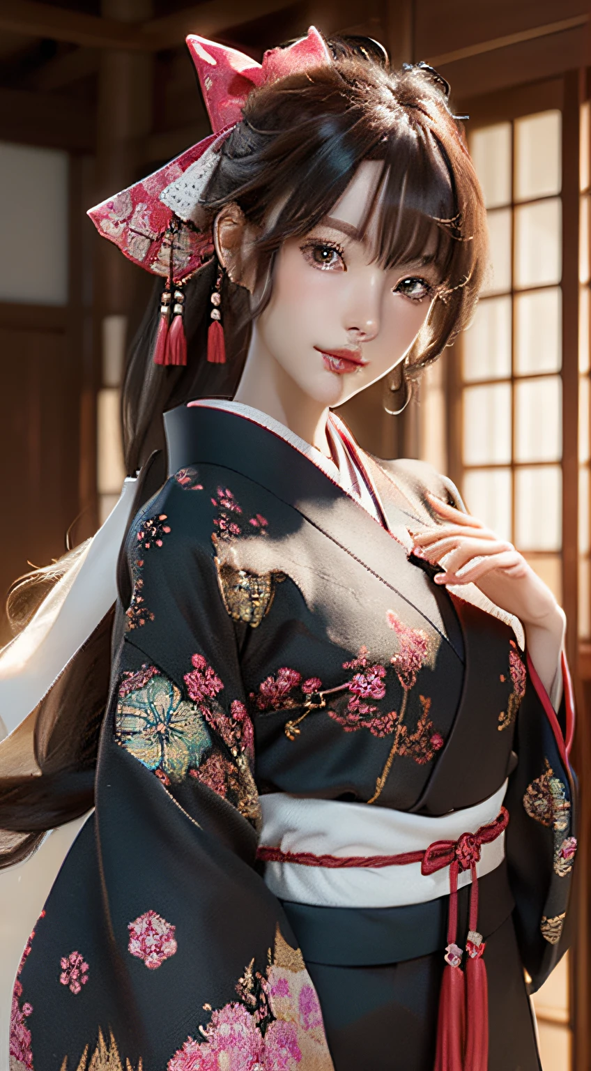 Official art, 统一 8k 壁纸, ultra-detailliert, Beautifully Aesthetic, masterpiece, top-quality, (Zentangle, Tangles, Entanglement), (Fractal Art: 1.4), 1girl in, A dark-haired, japanse, bare shoulders, a short skirt, Calf, ighly detailed, dynamic ungle, cowboy shot, (The most beautiful forms of chaos), A flowing, (bright colour), nffsw, (half: 1.2), japanese-inspired, (Tanka Flying Sky: 1.5), (bow ribbon: 1.3), (Dreams: 1.5), (A Japanese style: 1.5), Japan Phoenix、(A smile:0.5)、(japanese god)、