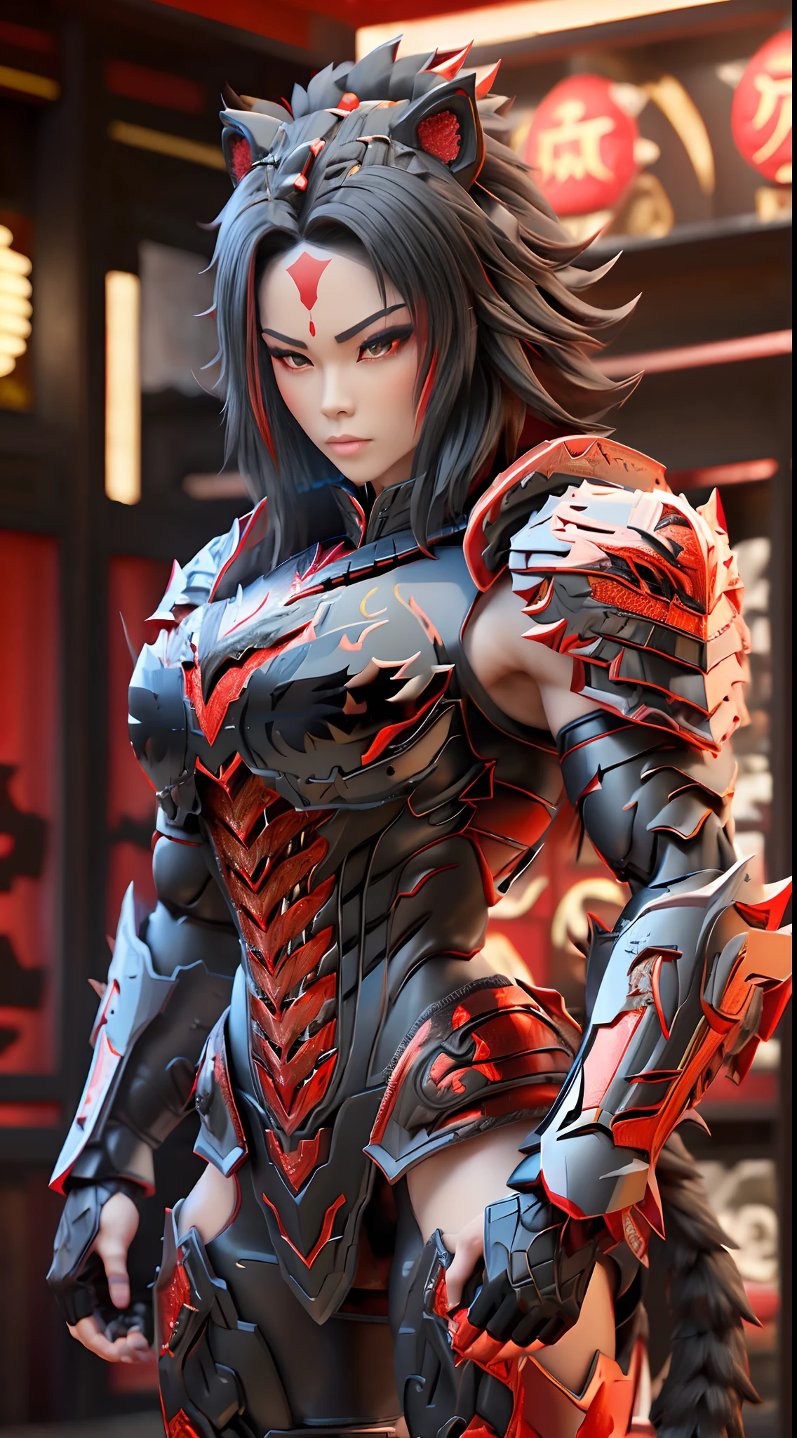 CHINESE TIGER, WOMAN, (Red, Black:1.5), DRAGON HEAD, HEAVY CRYSTAL ARMOR, TRANSPARANT, MUSCLE BODY, MUSCLE ABS.