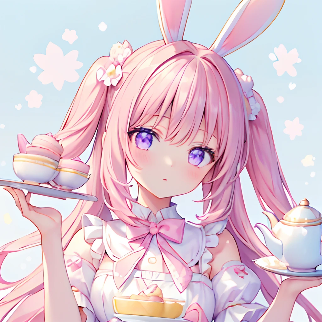 (masterpiece), best quality, beautiful detailed hair detailed face, ultra high res, sharp focus, A girl with long dark hair wearing a white dress with pink accents and bunny ears, holding a plate of macarons in one hand and a teapot in the other, with a white bunny sitting on her shoulder. The background is a pastel blue with a white circle and pink flowers.